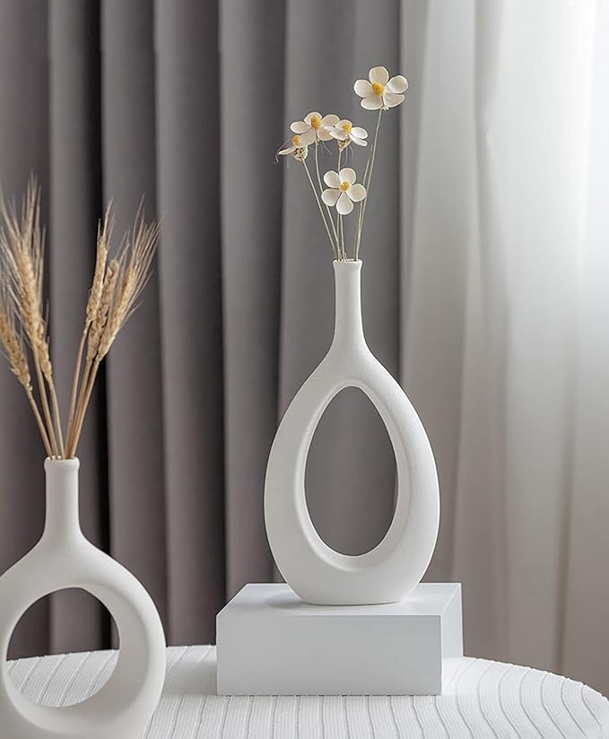 2 PCS. Set of 2 White Ceramic Hollow Circular Intersecting Vases – Modern Minimalist Décor