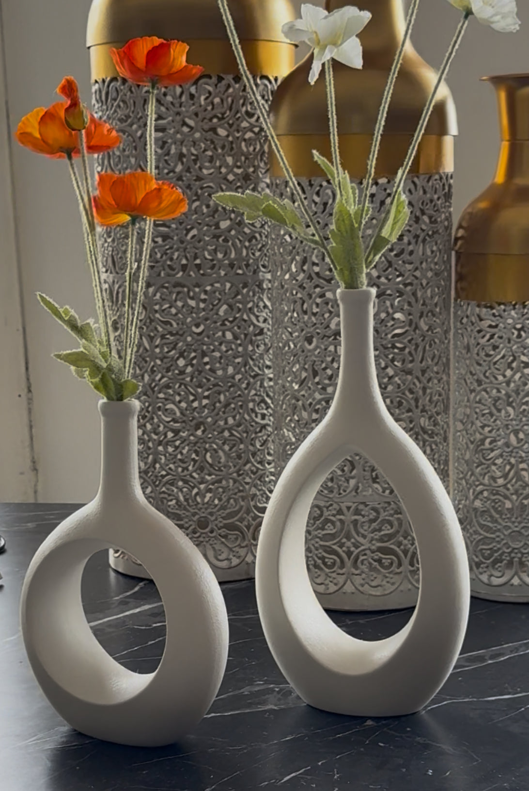 2 PCS. Set of 2 White Ceramic Hollow Circular Intersecting Vases – Modern Minimalist Décor