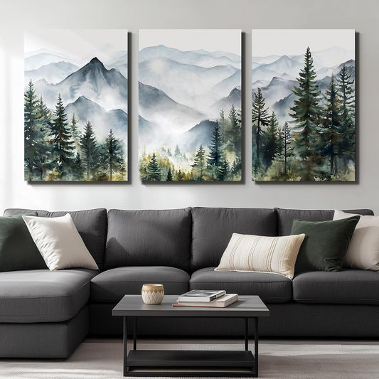 Mountain Landscape Wall Art for Living Room, Large Foggy Forest Watercolor Artwork for Walls, 3 Piece Nature Mountain Forest Paintings Prints for Hallway Office Kitchen Wall Decor
