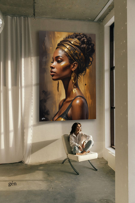 Golden Grace – Large African Woman Portrait Wall Art (Luxury Digital Painting )