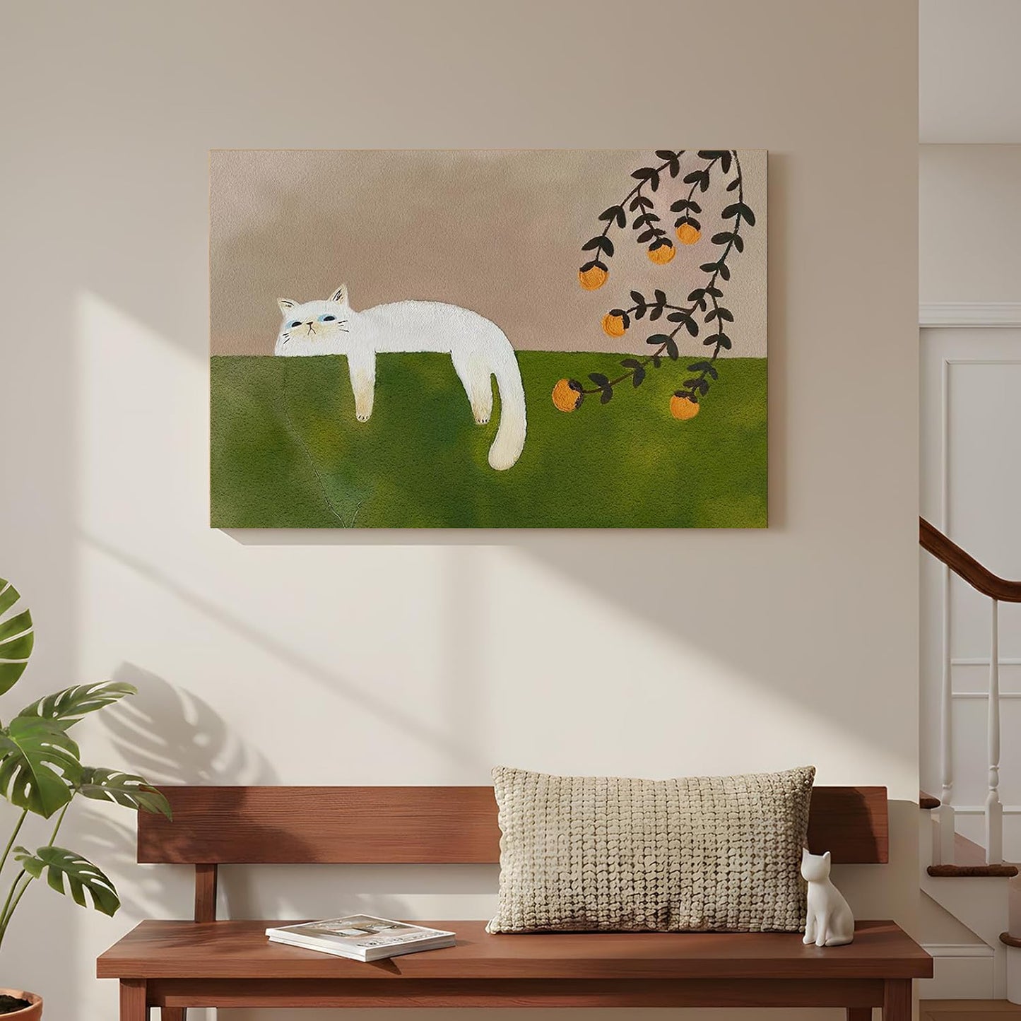 Neutral and Green Wall Art for Bedroom Decor, Large Cozy Cat Canvas Painting Artwork for Room Walls