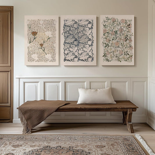 William Morris Canvas Wall Art Set of 3, Vintage Nature Floral Artwork Prints, Boho Neutral Botanical Wall Decor for Living Room, Bedroom
