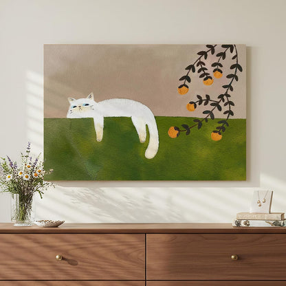 Neutral and Green Wall Art for Bedroom Decor, Large Cozy Cat Canvas Painting Artwork for Room Walls