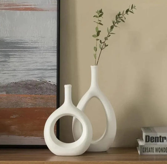 2 PCS. Set of 2 White Ceramic Hollow Circular Intersecting Vases – Modern Minimalist Décor