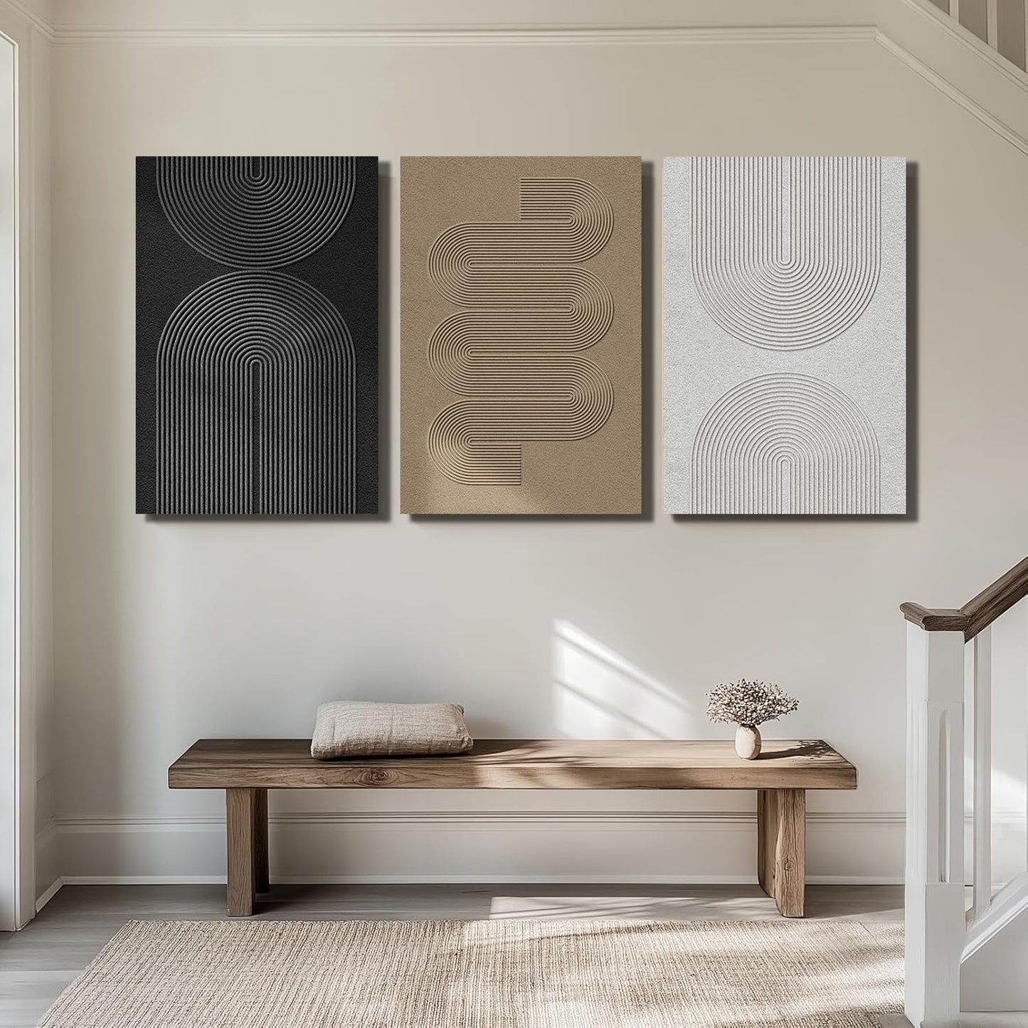 Boho Modern Neutral Abstract Wall Art for Living Room, 3 Piece Black and White Canvas Prints Paintings Artwork for Walls