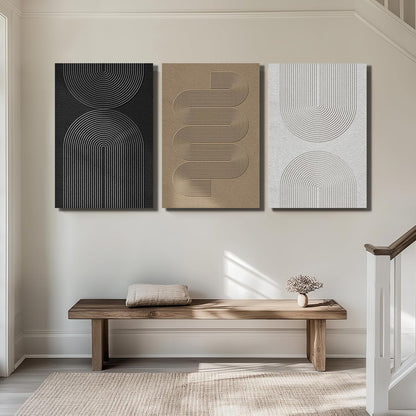 Boho Modern Neutral Abstract Wall Art for Living Room, 3 Piece Black and White Canvas Prints Paintings Artwork for Walls