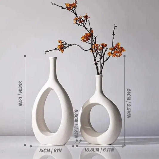 2 PCS. Set of 2 White Ceramic Hollow Circular Intersecting Vases – Modern Minimalist Décor