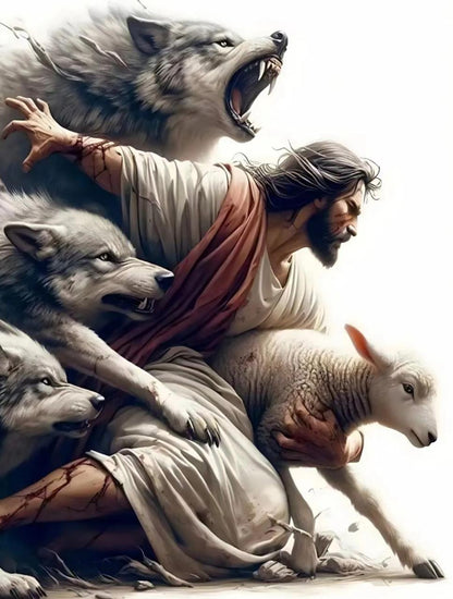 Jesus Protecting Lamb from Wolves - Canvas