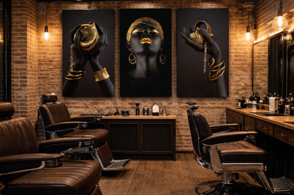 Set of 3 / Black and Gold African Woman digital Painting on Canvas