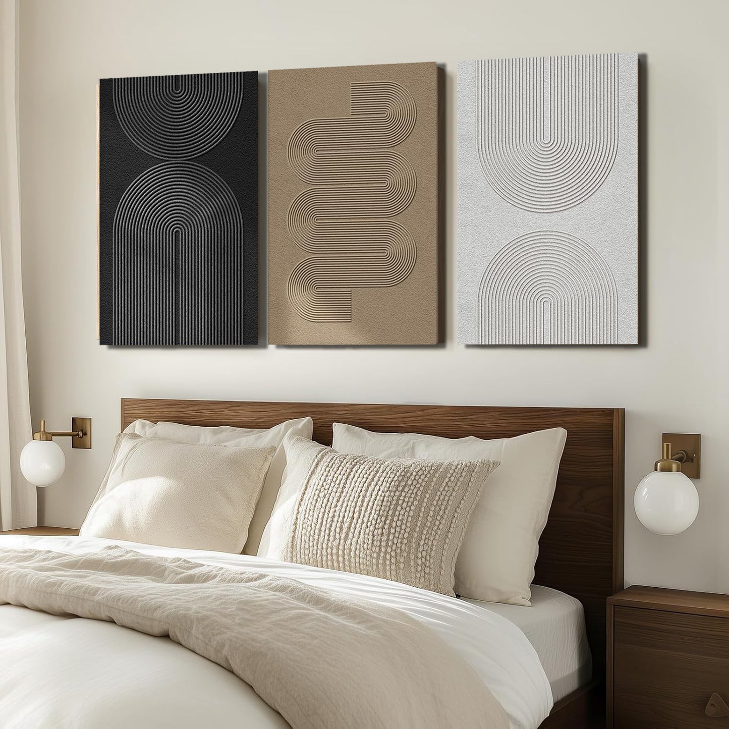 Boho Modern Neutral Abstract Wall Art for Living Room, 3 Piece Black and White Canvas Prints Paintings Artwork for Walls