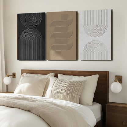 Boho Modern Neutral Abstract Wall Art for Living Room, 3 Piece Black and White Canvas Prints Paintings Artwork for Walls