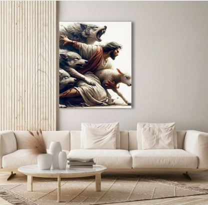 Jesus Protecting Lamb from Wolves - Canvas