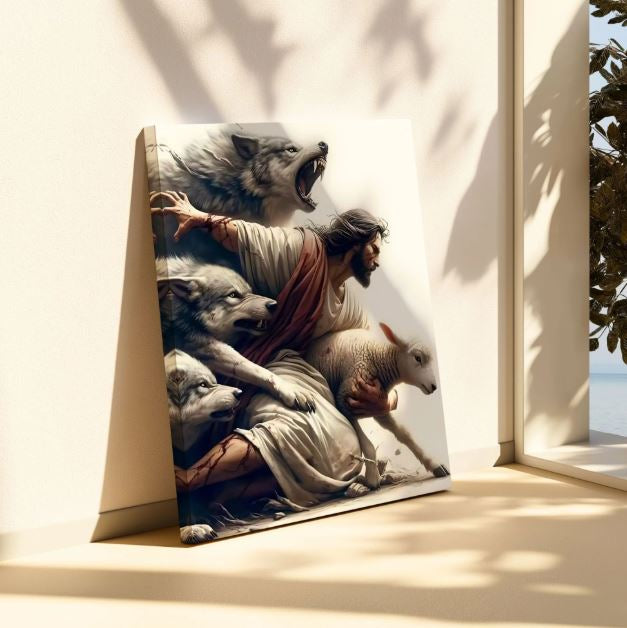 Jesus Protecting Lamb from Wolves - Canvas