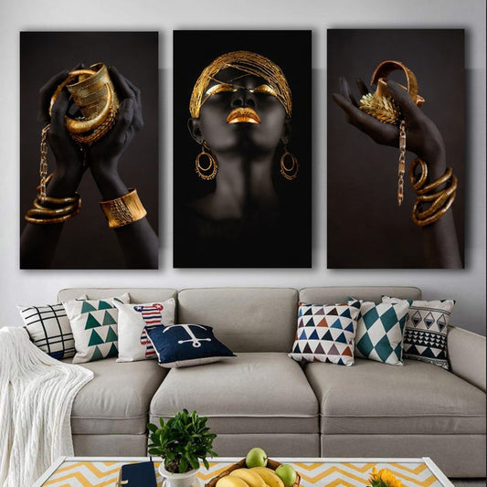 Set of 3 / Black and Gold African Woman digital Painting on Canvas