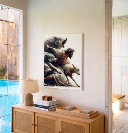 Jesus Protecting Lamb from Wolves - Canvas