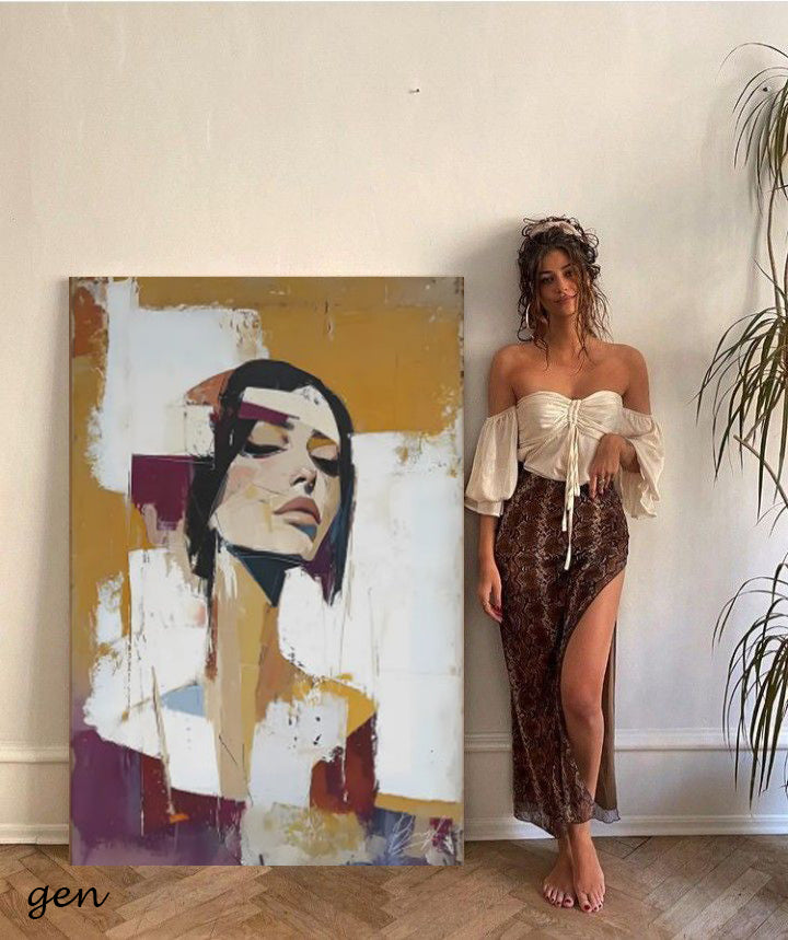 Golden Serenity – Modern Abstract Female Portrait Canvas