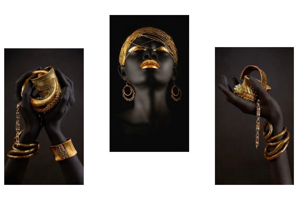 Set of 3 / Black and Gold African Woman digital Painting on Canvas