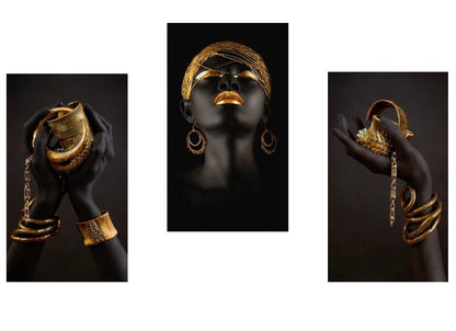 Set of 3 / Black and Gold African Woman digital Painting on Canvas
