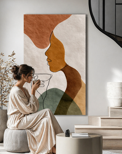 Abstract Harmony – Modern Minimalist Woman Line Art Canvas in Earth Tones