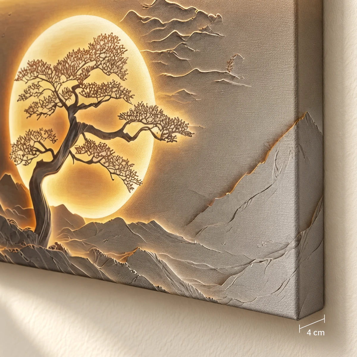 Golden Eclipse Tree product mockup illustrating the 4 cm gallery-wrapped canvas edge