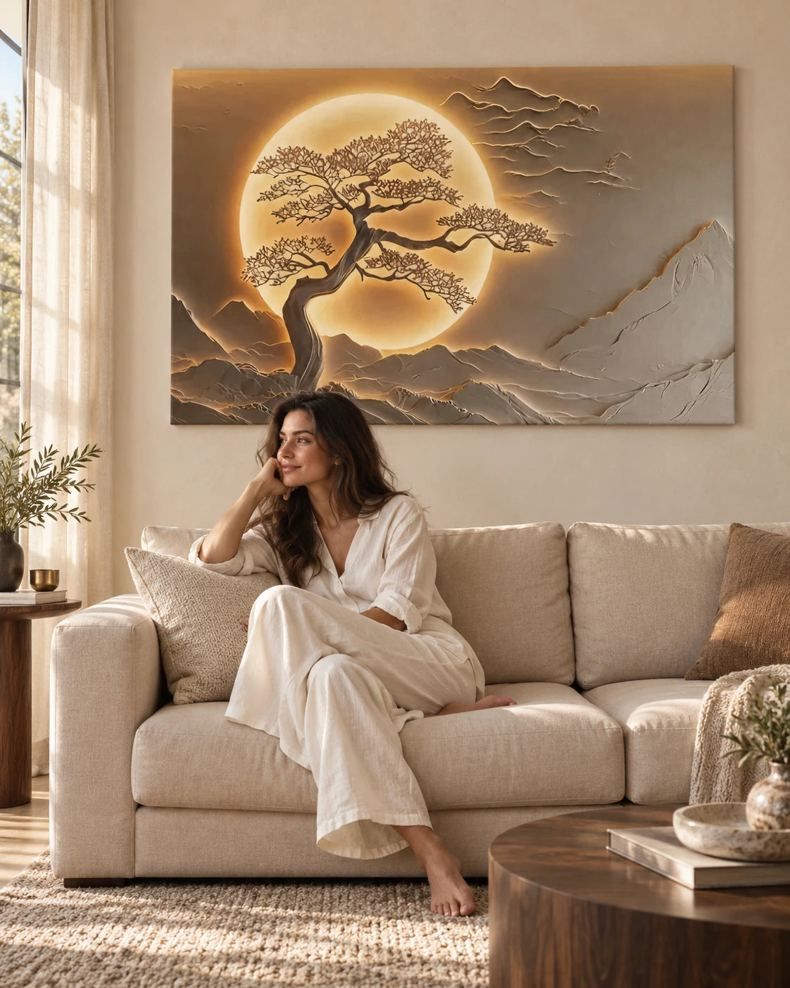Golden Eclipse Tree canvas above a beige sofa in a warm, calm living room