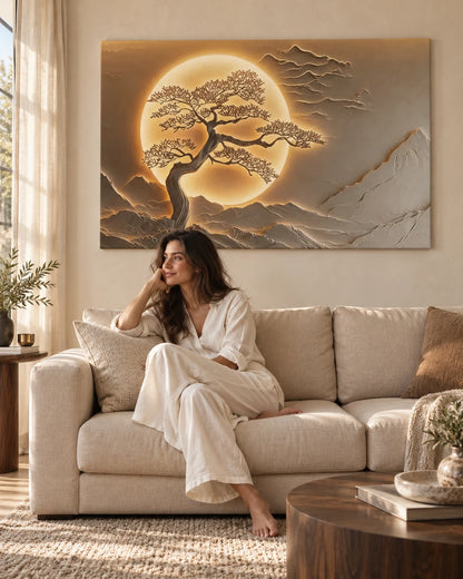 Golden Eclipse Tree canvas above a beige sofa in a warm, calm living room