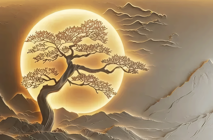 Golden Eclipse Tree frameless canvas print featuring a golden sun, branching tree and neutral mountains