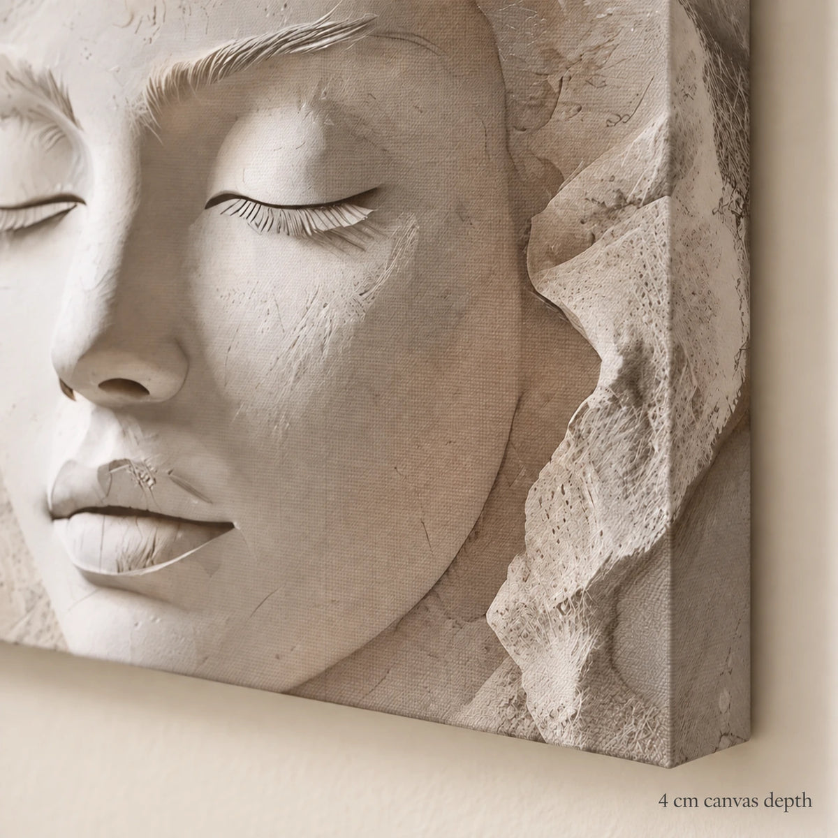Ivory Stillness product mockup illustrating 4 cm gallery-wrapped canvas depth